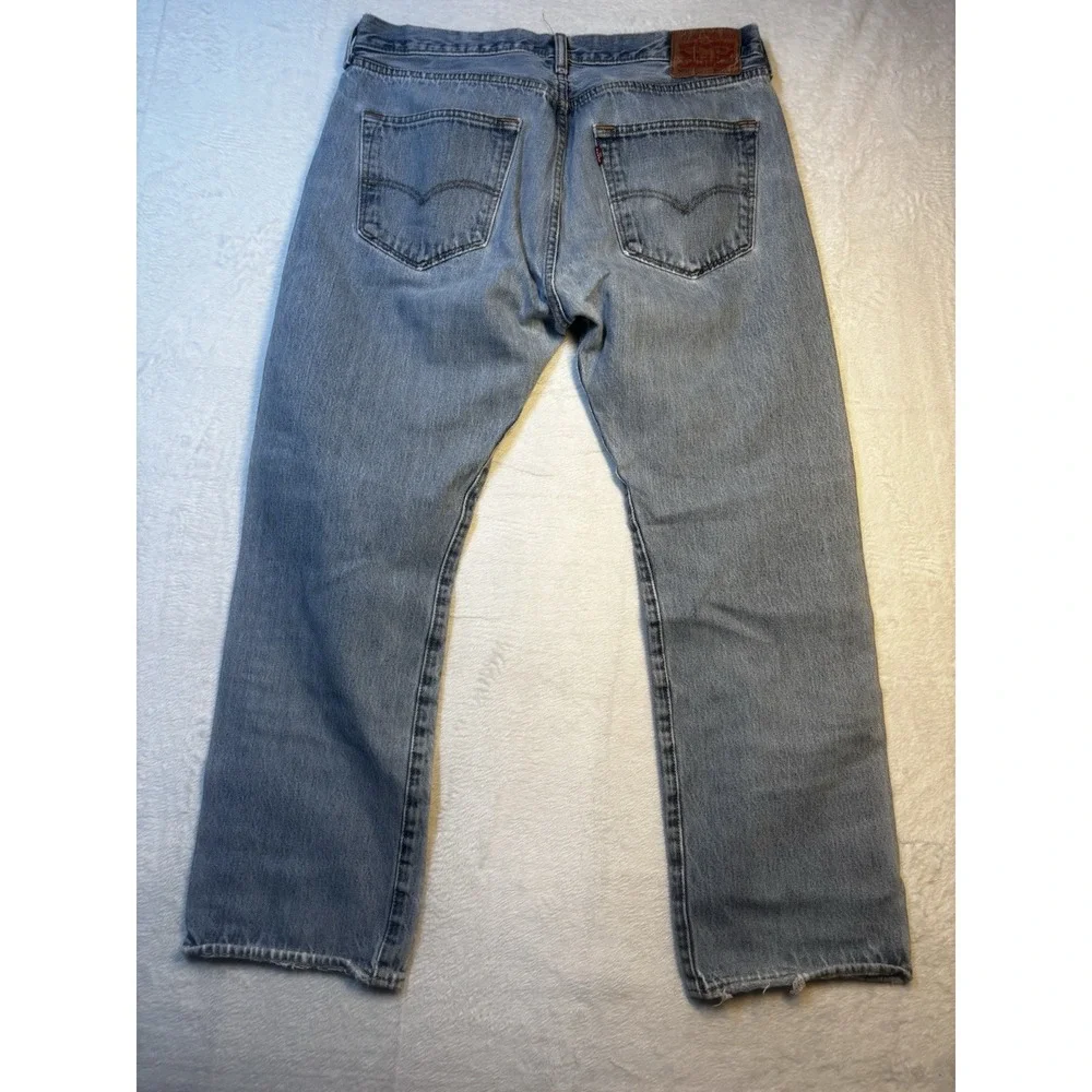 Levis 501 Jeans Mens Fit 36x28 Blue Denim Thrashed Straight Holes Raw‎ Hem
